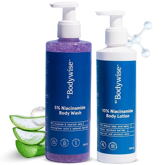 Metrol Be Bodywise Niacinamide Power Kit With 5% Niacinamide Body Wash 250ml 10% Niacinamide Body Lotion 200ml | Deep Cleanses Exfoliates Skin For Glowing, Radiant & Even-Toned Skin Paraben & SLS Free