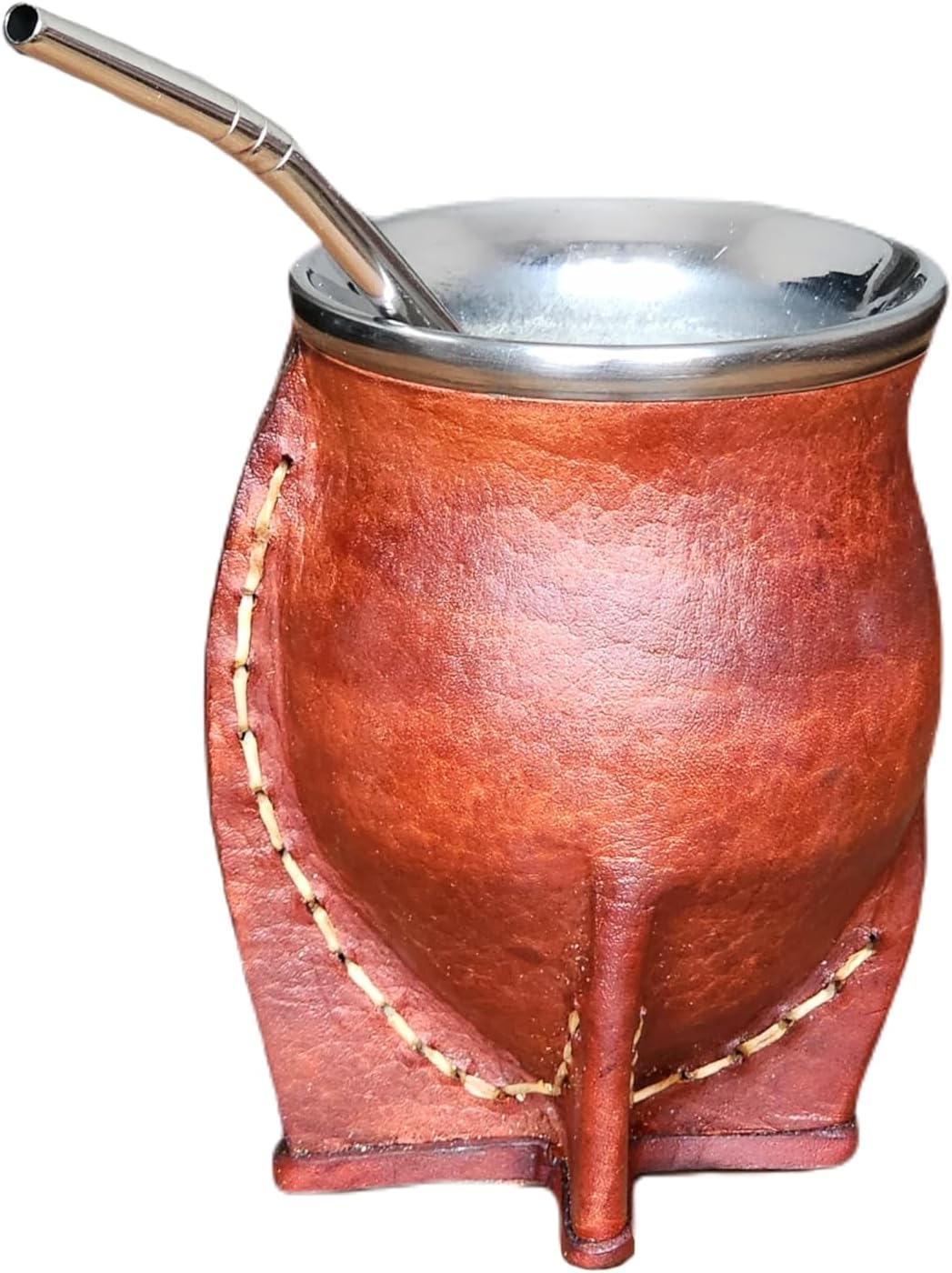 Traditional Argentinian Matte Mug, Thermal Matte Stainless Steel Double Wall with Brown Leather Exterior, Yerba Mate Cup, Includes Bulb