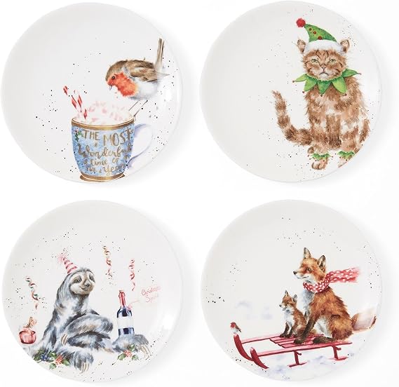 Royal Worcester Wrendale Designs Holiday 6.5" Coupe Plate (Set of 4) - Sloth, Robin, Fox, Cat Motifs - Microwave, Dishwasher, Freezer Safe - Bone