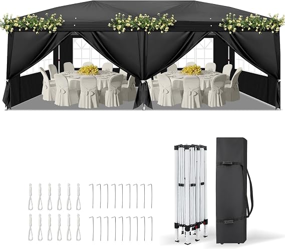 VINGLI 10x20 ft Pop Up Canopy Tent with 6 Sidewalls with Carry Bag, Outdoor Canopy Patio Event Tent Commercial Canopy(Black)