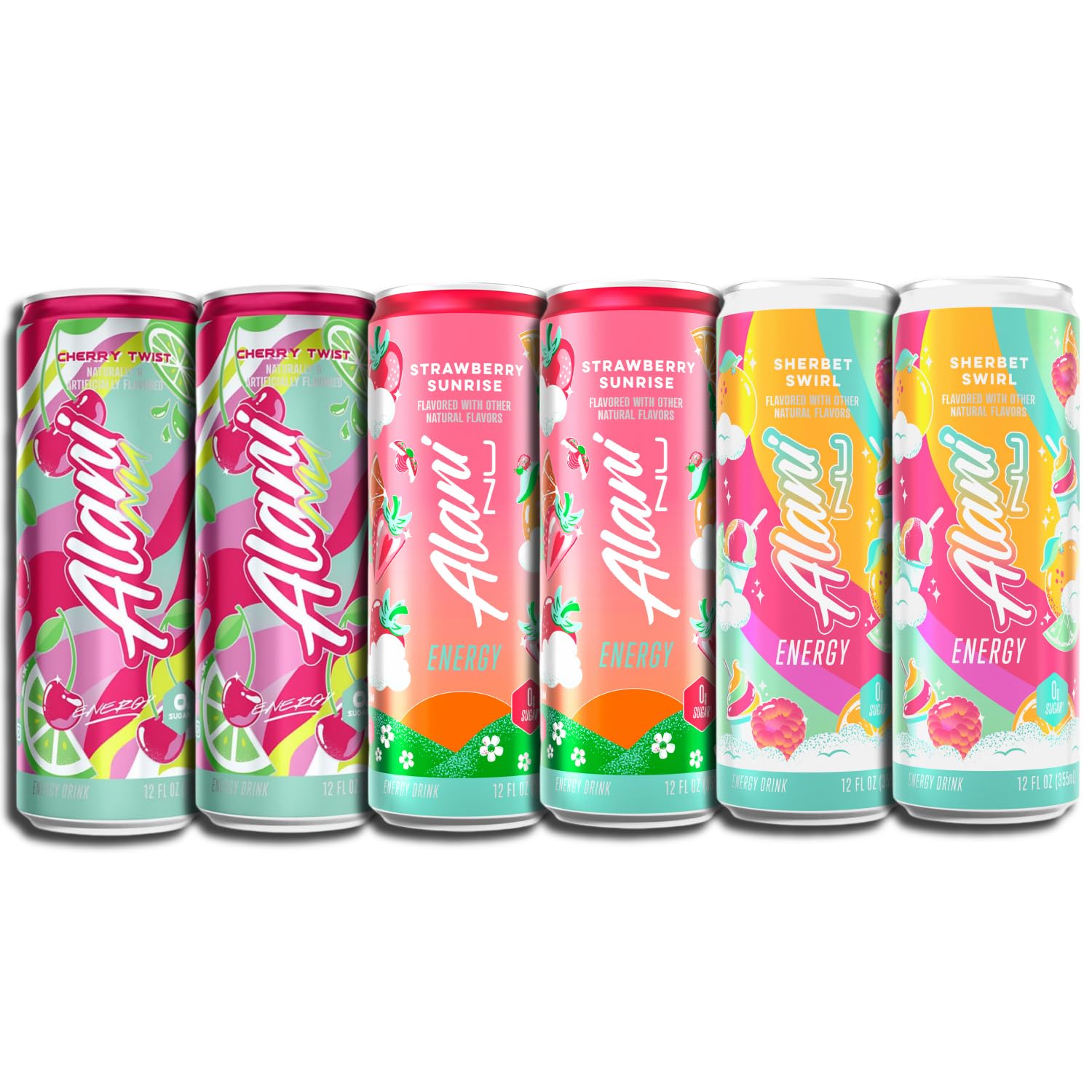 New Alani Energy Drinks Sherbet Swirl, Strawberry Sunrise, Cherry Twist Flavors Variety Pack Sugar-Free, Low-Calorie, 200mg Caffeine, Energy Boost Drink 12 fl oz Pack of 6