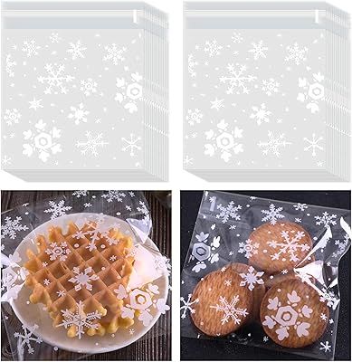 Tatuo 200 Pieces Christmas Cookie Bags Wrappers Snowflake Cellophane Treat Bags Small Holiday Clear Candy Gifts Goodies with Self Adhesive Seal for Christmas Gift Giving