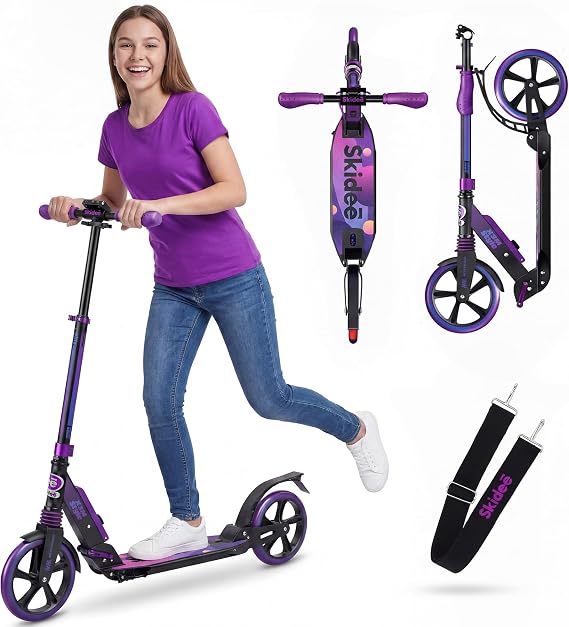 Skidee Adult & Teen Scooter Adjustable Height, Folding, Large Wheels, Lightweight, Durable, Anti-Shock Suspension, Up to 220 lbs