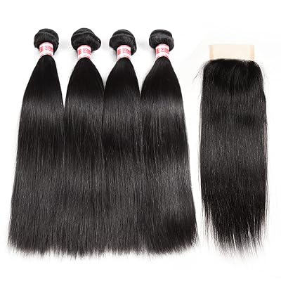 Hermosa Brazilian Straight Hair 4 Bundles with Closure 9A Unprocessed Virgin Brazilian Hair Straight Human Hair Bundles with Closure Natural Black 10 12 14 16 with 8 closure