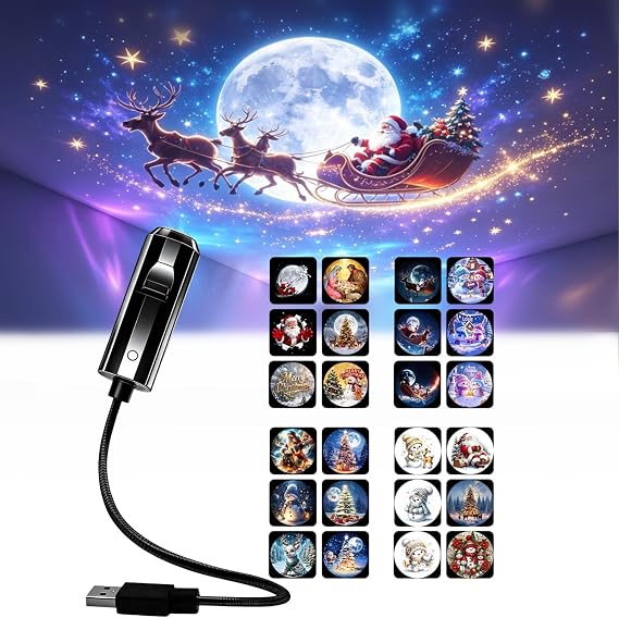 Plug and Play HD Christmas Projector,3D Holographic Night Light Projector,USB Powered,360 Adjustable Projector for Bedroom Ceiling Wall Room Decor,with 24 Films