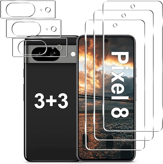 [3+3 Pack] Pixel 8 Screen Protector + Camera Lens Protector, 9H Tempered Glass, Fingerprint Unlock, Anti-Scratch, Easy Installation, HD Screen Protector for Google Pixel 8 5G