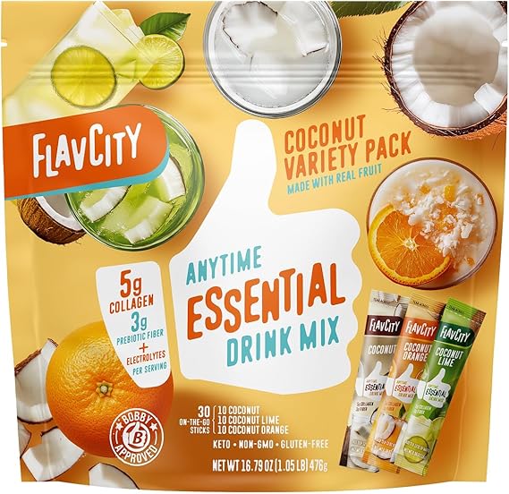 FlavCity Anytime Essential Coconut Variety Pack - Powder Drink Mix Packets with Collagen & Coconut Water - Water Flavoring Packets in 3 Flavors - Collagen, Fiber & Electrolytes (30 Stick Packs)