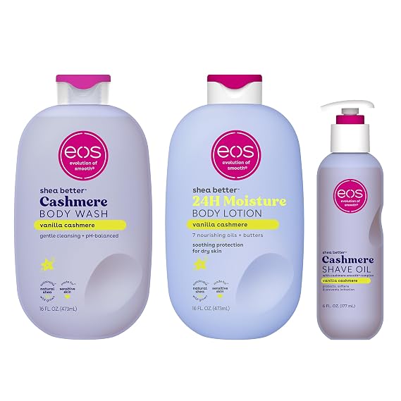 eos Shower Essentials Bundle- Body Lotion, Body Wash, Shave Oil - Vanilla Cashmere