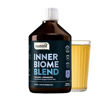 Nuzest - Inner Biome Blend Prebiotic, Probiotic & Postbiotic Liquid Drink Mix Microbiome Support 8 Microbiotic Cultures, 19 Fermented Herbs - Vegan - Organic - Berry Flavour - 16.9 fl.oz/ 500ml
