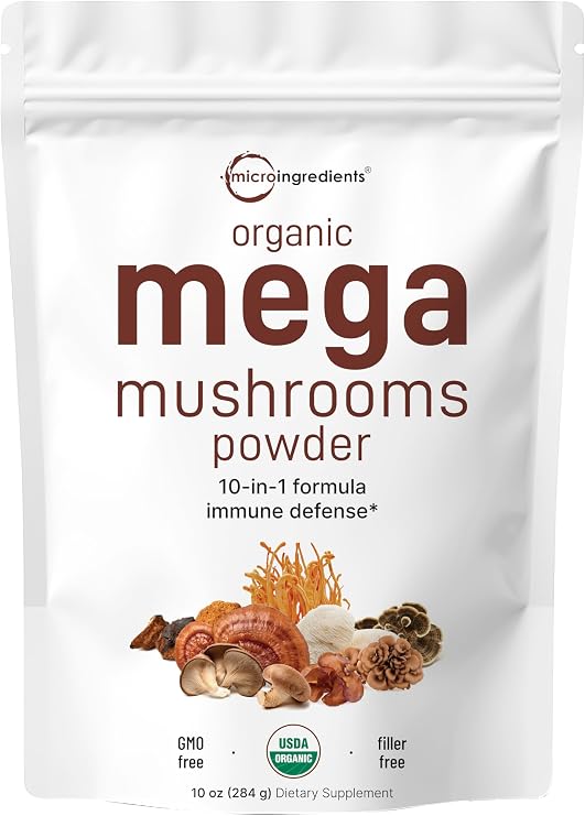 Micro Ingredients Organic Mega Mushroom Powder, 10-in-1 Mushroom Blend 10oz