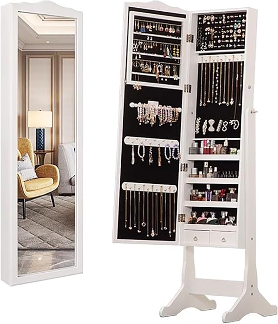 Jewelry Cabinet Armoire with Storage -Length Mirror - Freestanding Organizer for Necklace and Earrings, Frameless Design