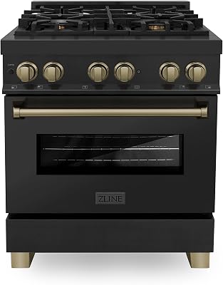 ZLINE Autograph Edition 30 in. 4.0 cu. ft. Legacy Dual Fuel Range with 4 Burner Gas Cooktop and Electric Convection Oven in Black Stainless Steel and Champagne Bronze Accents RABZ-30-CB