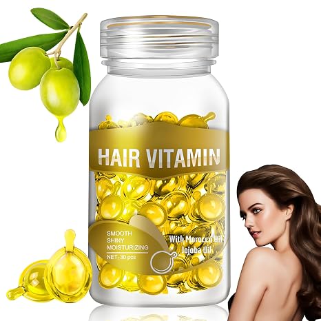 Hair Vitamin Serum Capsule Hair Vitamin Oil 30 Capsules/Bottle Moisturising Anti-Frizz Repair of Hair Damage Essential Hair Oil for Healthy Hair Growth (Gold)