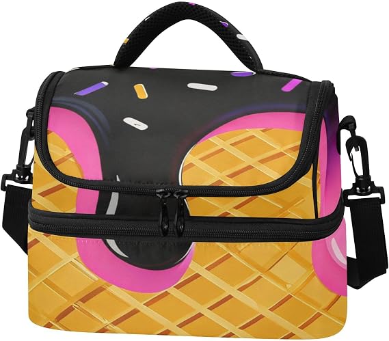 Black Pink Ice Cream Kawaii Double Decker Lunch Bag & Cooler Bag,Insulated Waterproof Oil-Proof Tote,Detachable Shoulder Strap,Reusable for Teens Girls Boys Adults