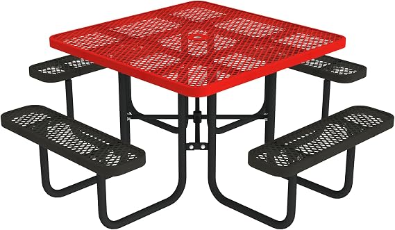 Norwood Commercial Furniture Open Air Series Heavy Duty Portable Square Surface Mount, 46-Inch Outdoor Picnic Table, Red Top/Black Seat