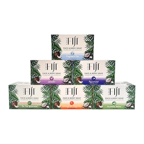 Coco Fiji Earthy & Citrus Variety Pack of 6 Soap Bar, 7 oz | For Face and Body, Infused With Organic Coconut Oil, Essential Oil, Moisturizing & Pore Purifying