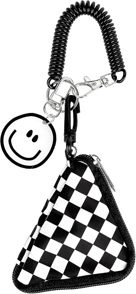 Checkered Coin Purse, Zippered Mini Triangle Fabric Pouch with Hook and Spiral Coil Strap, Keychain and Essential Holder (Black & White)