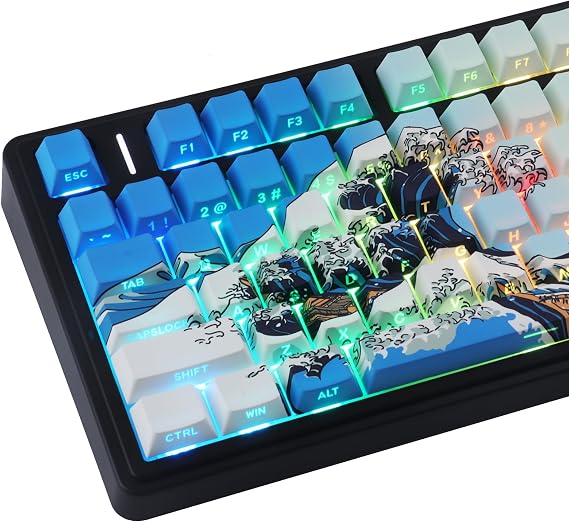 PBT Keycaps 75 Percent,Custom Cool Wave of Kanagawa Light/Sky Blue Keycaps