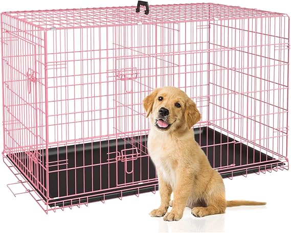 30 Inch Dog Crate,Medium Dog Crate with Double Door Divider Panel Handle,Folding Metal Wire Dog Cage Animal Crates with Plastic Leak-Proof Pan Removable Tray Pet Kennel for Indoor Outdoor Travel,Pink