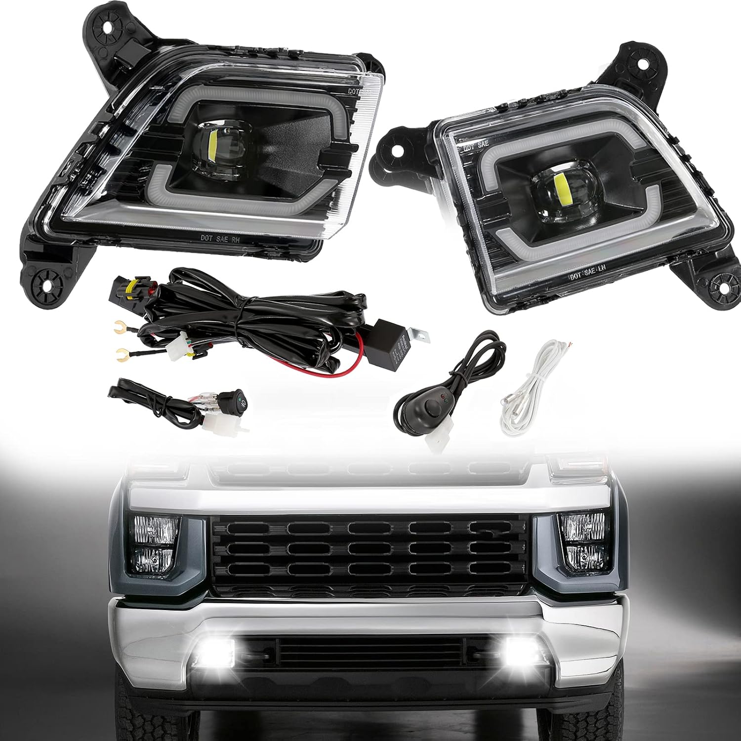 AUXMART Front Bumper LED Fog Lights Drive Lamps with DRL Daytime Running Lights Fit for Chevrolet Silverado 1500 2019 2020 2021 2022 2023, Silverado 2500HD&3500HD 2020, 2021, 2022 1 Pair