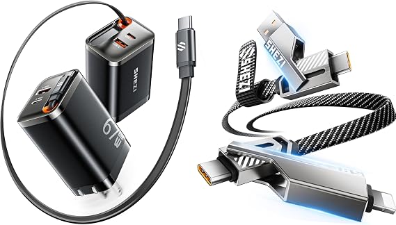 SHEZI 67W GaN USB C Charger (Black) with 3FT 60W 4 in 1 Flat Nylon Braided Charging Cable (Grey)