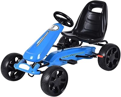 Costzon Pedal Go Kart, 4 Wheel Powered Ride On Toy, Pedal Car with Ergonomic Adjustable Seat, Handbrake, Non-Slip Rubber Wheels, Go Kart for Kids 2-5, Gift for Boys Girls Blue