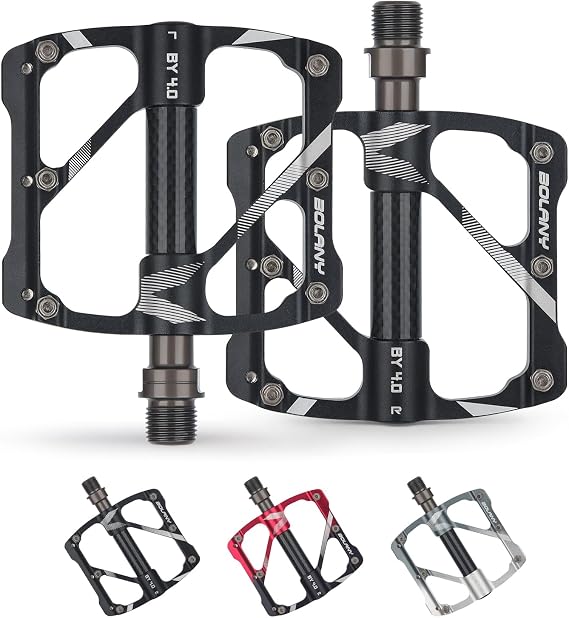 BOLANY Mountain Bike Pedals, 3 Sealed Bearings CNC Aluminum Alloy MTB Pedals with 12 Anti-Skid Pins Bicycle Flat Pedals, 9/16" Lightweight Platform for Road Mountain BMX Bike