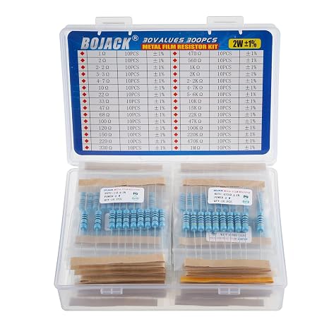 BOJACK Resistor Assortment Kit 1 Ohm - 1M Ohm 2W Metal Film Resistor Assortment Resistor Kit (30 Values 300 Pcs)