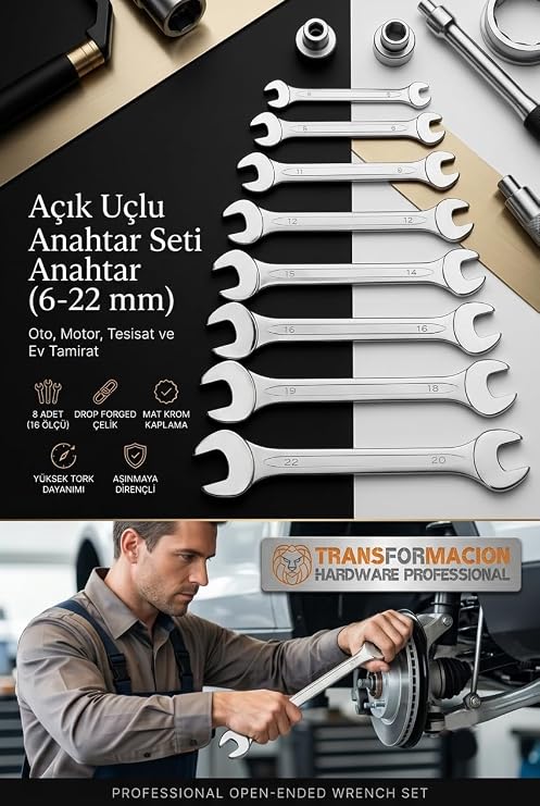 Transformacion Açık Uçlu Anahtar Seti - İki Ağızlı Anahtar - İki Ucu Açık Vanadium Çelik Anahtar 8 li SET 721779