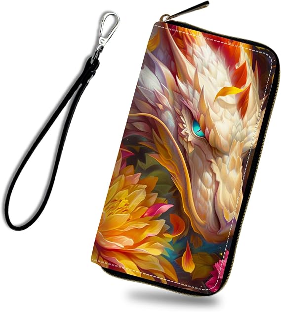 Zip Around Wallets for Women, Card Cases & Money Organizers Wristlet Wallets for Men, RFID Blocking Leather Wallet for Cell Phone Driving License Coin Cash Travel, Lotus White Dragon