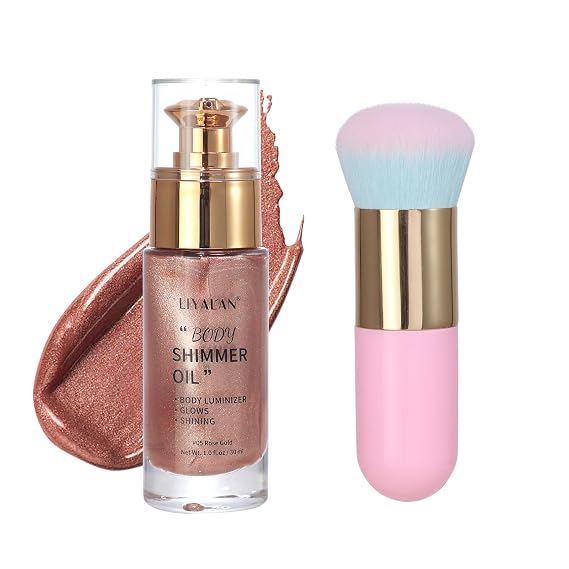 Liyalan Shimmer Body Oil Rose Gold Color 1.0 fl.oz Face Glow Pearl Highlighter Illuminator Long-Lasting Shine Glitter Liquid Tanning with Makeup Brush