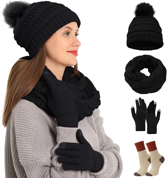 4pcs Winter Beanie Hat Scarf Touch Screen Gloves Warm Knit Socks Set for Women Knit Hat with Faux Fur Ball Scarves Glove