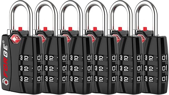 Forge Open Alert TSA Approved Luggage Locks - 3 Digit Combination, Easy Read Dials, Zinc Alloy Body (Black 6 Locks)