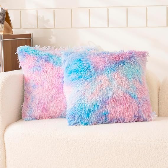 Faux Fur Tie Dye Blue Throw Pillow Covers, Fluffy Soft Fuzzy Decorative Pillow Cases Cute Pillowcases for Home Bedroom Living Room, Zipper Closure, Set of 2 (Tie Dye Blue, 18"x 18")