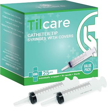 60ml Catheter Tip Syringe with Covers 25 Pack by Tilcare - Sterile Plastic Medicine Food Droppers for Children, Pets or Adults Latex-Free Oral Medication Dispenser - Large Feeding Tube Syringes