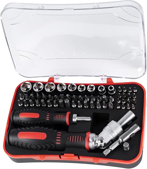 61pc Ratchet Screwdriver Bit Set 1/4" Hex & Socket Set – Right Angle Ratchet Handle, CR-V Bits with Torx, Pozidriv, Hex & Precision Screwdriver Kit – Compact DIY Tool Kit with Case