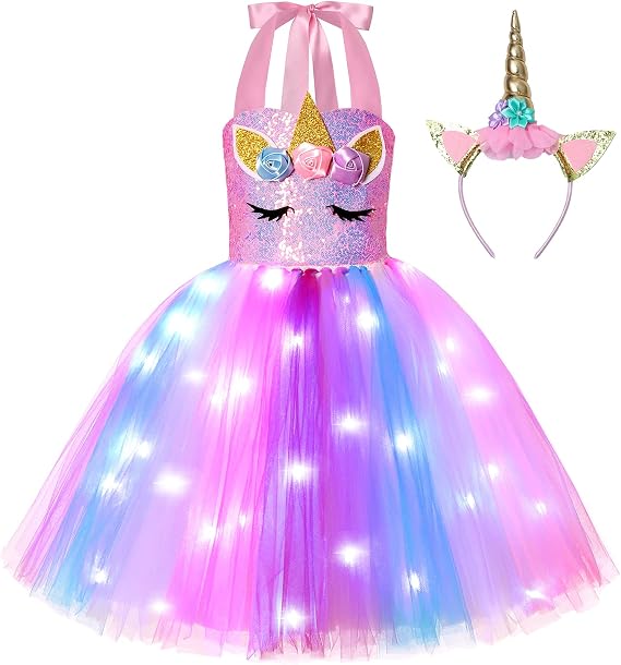 KAKALVER Girls Unicorn Costume Light Up Tutu Dress for Birthday Decorations