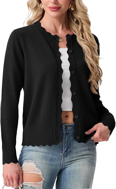 GRECERELLE Knit Cardigan Sweaters for Women Lightweight 2026 Fall Outfits | Year-Round Layering Essential Cardigans, Scalloped Ribbed, Long Sleeve Button Down Soft Knit Dressy Sweater for Daily Wear