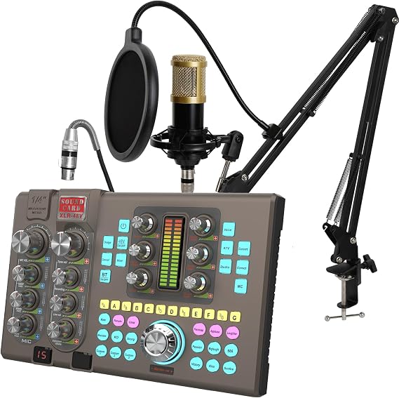 Podcast Equipment Bundle Audio Mixer With XLR Microphone Kit for Live Streaming, Podcasting, Recording, Gaming, PC, Guitar (Black)