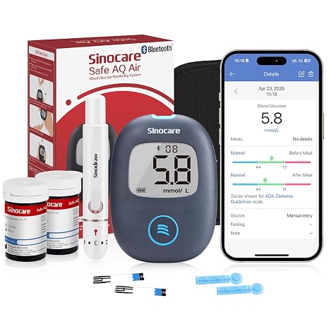 sinocare Safe AQ Air Blood Sugar Test Kit & 50 Strips, Bluetooth Connection