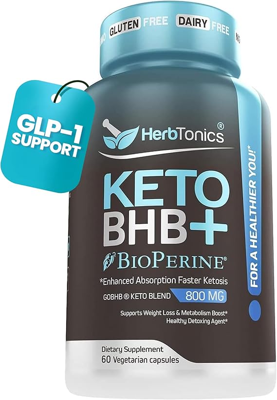 Herbtonics Keto BHB+ BioPerine Keto Pills, Exogenous Ketones for Ketosis Support, Weight Management, GLP1 Support, Energy & Mental Focus, Vegan Friendly NonGMO Formula. 60 Vegan Capsules