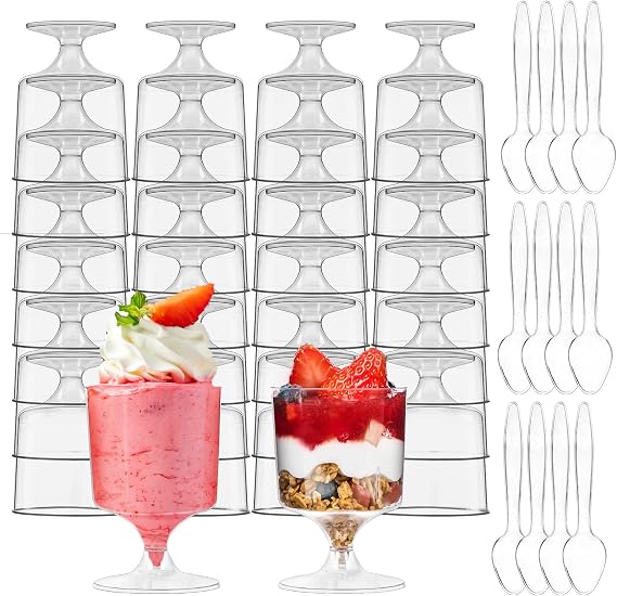 Soelomu 120 Pcs Mini Plastic Dessert Cups with Spoons | Serves 60 | 5 OZ Goblet Dessert Shooters Small Valentines Day Party Serving Cups for Parfait, Pudding, Appetizers, Mousse Shot Glasses