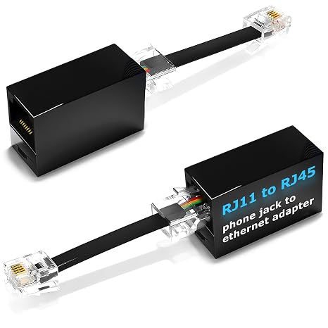 2-Pack RJ11 to RJ45 Adapter Phone Line to Ethernet – RJ45 Female to RJ11 Male for Landline, Fax, DSL Modem Connection (Black, Made in USA)
