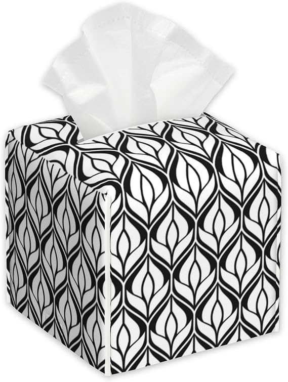 Abstract Geometric Tissue Box Cover Square,Tissue Box Holder with Belt Bottom,Stylish Leather Napkin Holder for Vanity Countertop,Nightstands,Office Desk,5.2"5.2"5.2"
