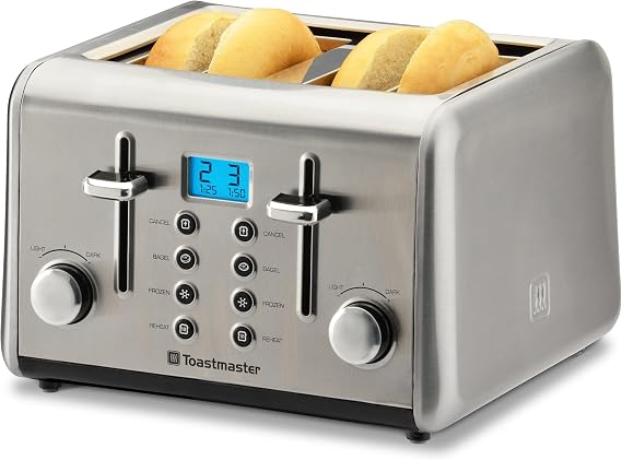 Toastmaster 4-Slice Digital Toaster - Stainless Steel with Reheat, Frozen, Bagel & Cancel Buttons - Kitchen Essential for Toasting Sandwich Bread - Four-Slot Toaster with Digital Display