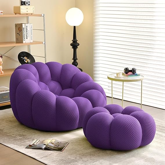 Oversized Single Lazy Sofa,Ultra Comfy 1-Seat Fireside Sofa Chair,Upholstered Bubble Single Floor Sofa,3D Honeycomb Shape Bubble Sofa Curved Couch for Living Room, Purple