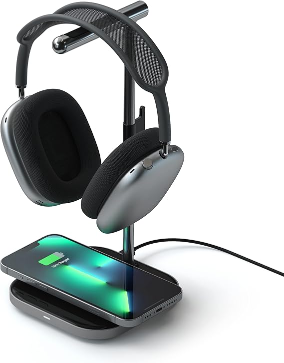 Satechi 2-in-1 Headphone Stand with Wireless Charger USB Type-C Output Port and Magnetic Wireless Charger for iPhone 17 to 12 Series, Airpods Pro, and Other Qi-Enabled Devices