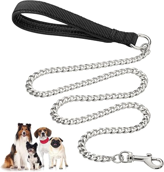 Heavy Duty Metal Dog Leash, 4 FT Chew Proof Pet Leash Chain with Soft Padded Handle for Large & Medium Size Dogs (4 FTx3 mm (0-80 lbs))