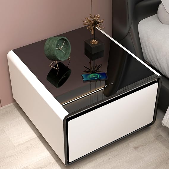 Generic Modern Smart Side Table with Built in Fridge, Wireless Charging, Temperature Control, Power Socket, USB Interface, Outlet Protection, Induction Light, White