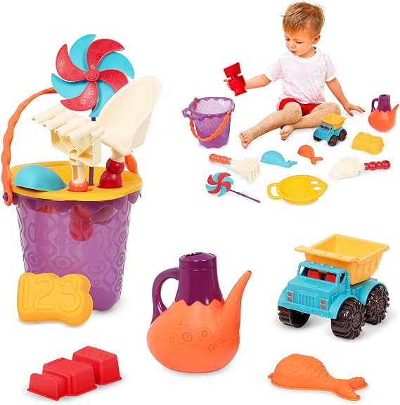 B. toys Ready Beach Bag Water Play Beach Tote with Mesh Panel and 11 Funky Sand Toys 18 m+, Purple Bucket